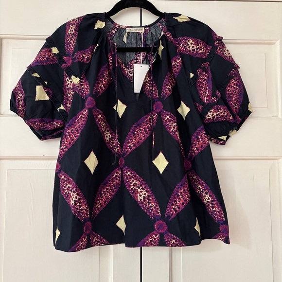 Ulla Johnson Arusi Top Plum Diamond‎ NEW Size 2 Cotton Poplin Ruffle Puff Sleeve - Picture 5 of 16